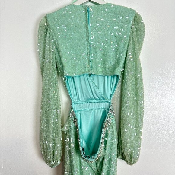 MAC DUGGAL Sequined Faux Wrap Cut Out Puff Sleeve Gown in Soft Mint Size US 4 - Picture 8 of 11